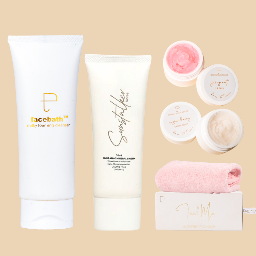 COMBO OF FACEBATH, SUNSTALKER, FEEL ME FACE TOWEL & LIP MUSE (LIP BALM & SCRUB)