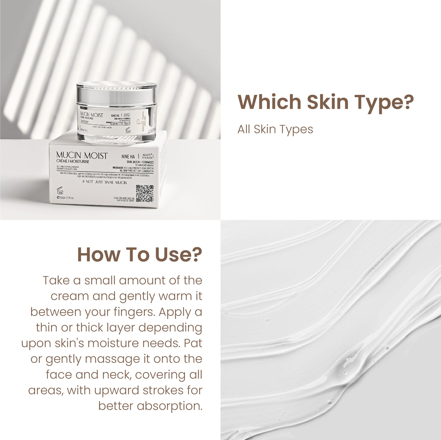 Mucin Creme - All in 1 Snail Mucin Creme Gel | 9 Types of Hyaluronic Acid | Niacinamide | Ceramides - Normal, Combination & Dry Skin